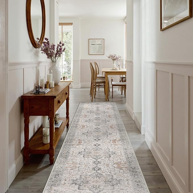 GENIMO 2x9 Runner Rugs for Hallway, Machine Washable Non Slip Vintage Rugs, Low Pile Soft Chenille Print Rug for enrtyway, Corridor, Home Office,Light Taupe Brown