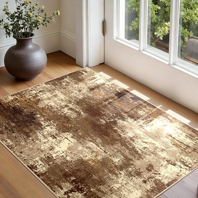 RELEANY Washable Area Rugs 3'x5' Non-Slip Modern Abstract Soft for Living Room Entryway Bedroom Nursery, Print Pattern, Brown Tan Beige Coffee