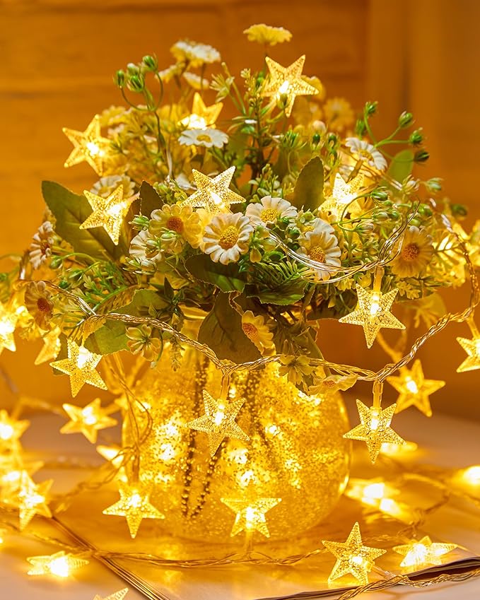 Minetom Star String Lights Battery Operated - 17 ft 50 LED Star Fairy String Lights with Timer, Waterproof for Indoor Bedroom Tent Loft Bed Patio Party Wedding Ramadan Decorations, Warm White