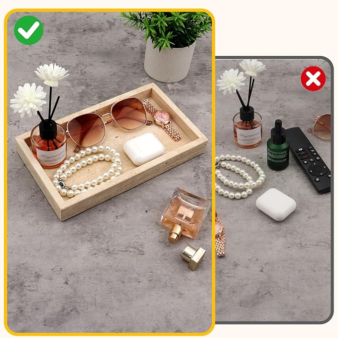 Natural Travertine Tray, 9.7x5.5 Inch Bathroom Vanity Organizer for Perfume Jewelry Candle Makeup,Decorative Stone Tray for Bathroom Toilet Tank Kitchen Sink Table, Beige