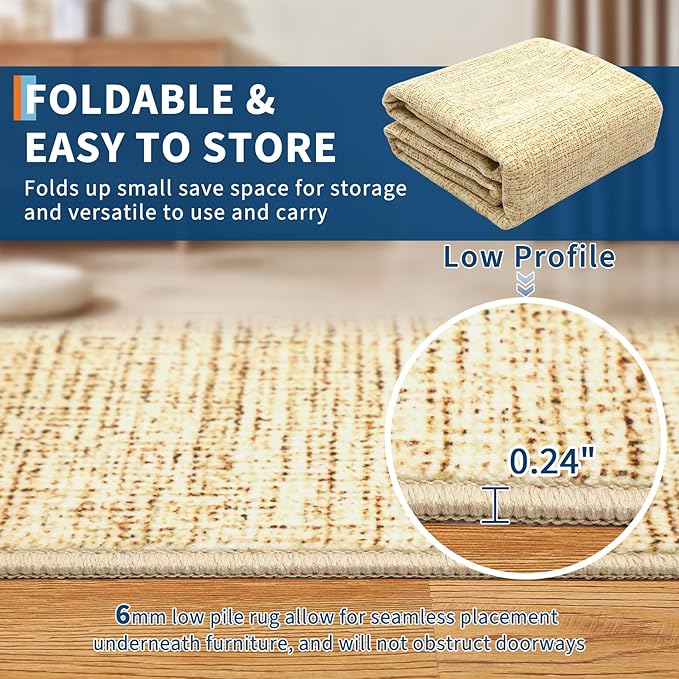 Washable Area Rug 8x10 for Living Room Bedroom Non Slip Minimalist Solid Color Area Rugs Modern Abstract Plain Dining Room Throw Carpet Low Pile Soft Classic Boho Rugs for Kitchen Nursery Oiifce, Tan