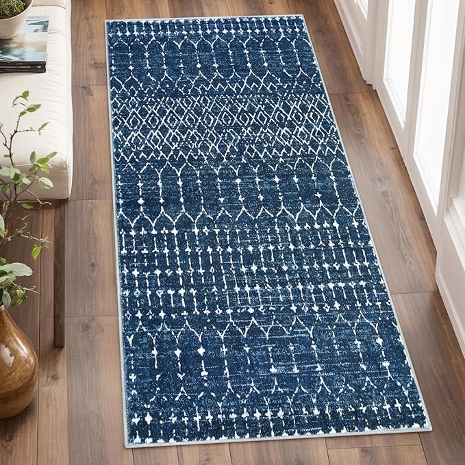 Lahome Moroccan Runner Rugs for Hallway 2x4 Bathroom Rugs Non-Slip Small Throw Kitchen Carpet Low-Pile Mat for Entryway Laundry Room Mat Geometric Indoor Carpert for Entrance Bath Hana, Blue