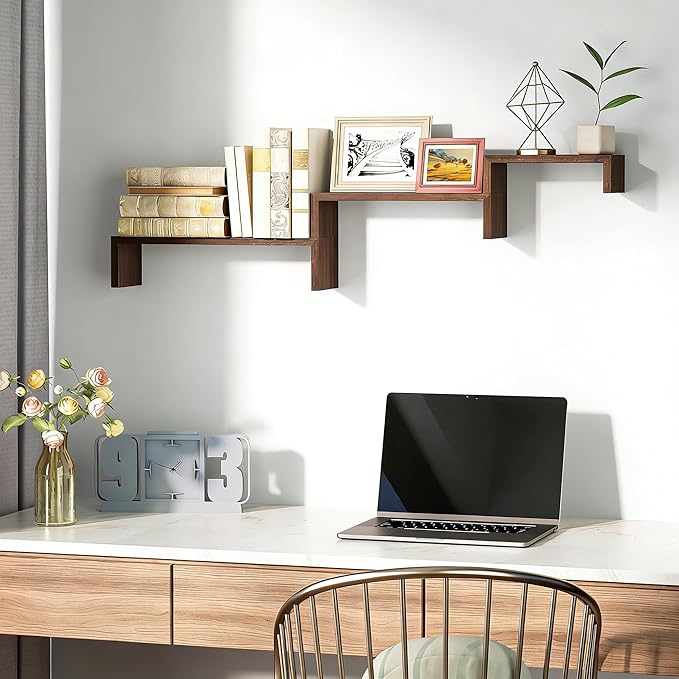 SRIWATANA Floating Shelves Wall Mounted, Solid Wood Wall Shelves Set of 3, Dark Brown…