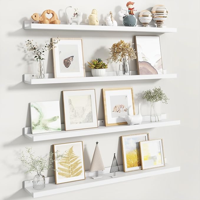 Fun Memories Picture Ledge Shelf, White Floating Shelves Set of 4, 36 Inch Picture Shelves for Wall with Ledge, Large Nursery Book Shelf for Toys Storage, Living Room, Bedroom Decor Frames