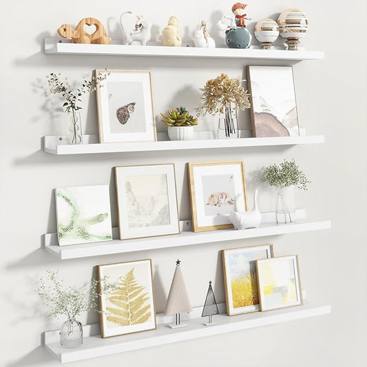 Fun Memories Picture Ledge Shelf, White Floating Shelves Set of 4, 36 Inch Picture Shelves for Wall with Ledge, Large Nursery Book Shelf for Toys Storage, Living Room, Bedroom Decor Frames