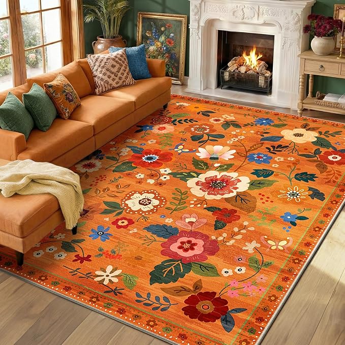 RELEANY Floral Nursery 8x10 Area Rugs Washable Print Boho Cute Carpet Non Slip Flower Low Pile for Living Room Kids Girls Playroom Bedroom Kitchen Office Farmhouse-Burnt Orange