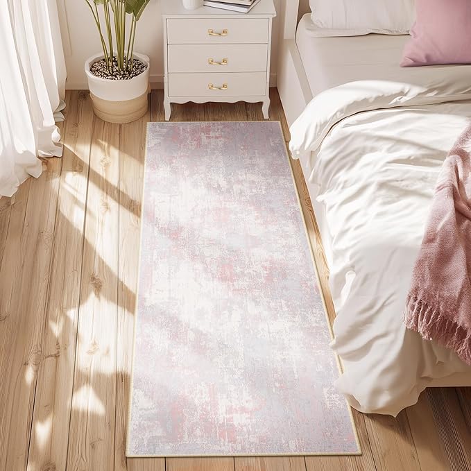RELEANY Washable Area Rugs 2'x8' Non-Slip Modern Abstract Soft for Living Room Entryway Bedroom Nursery, Print Pattern, Grey Pink