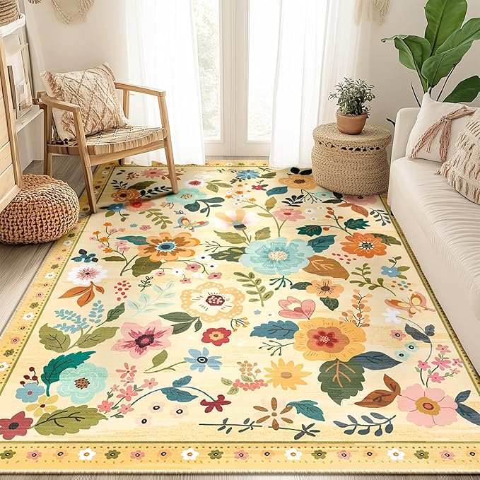 RELEANY Floral Nursery 5x7 Area Rugs Washable Print Boho Cute Carpet Non Slip Flower Low Pile for Living Room Kids Girls Playroom Bedroom Kitchen Office Farmhouse-Ivory/Yellow
