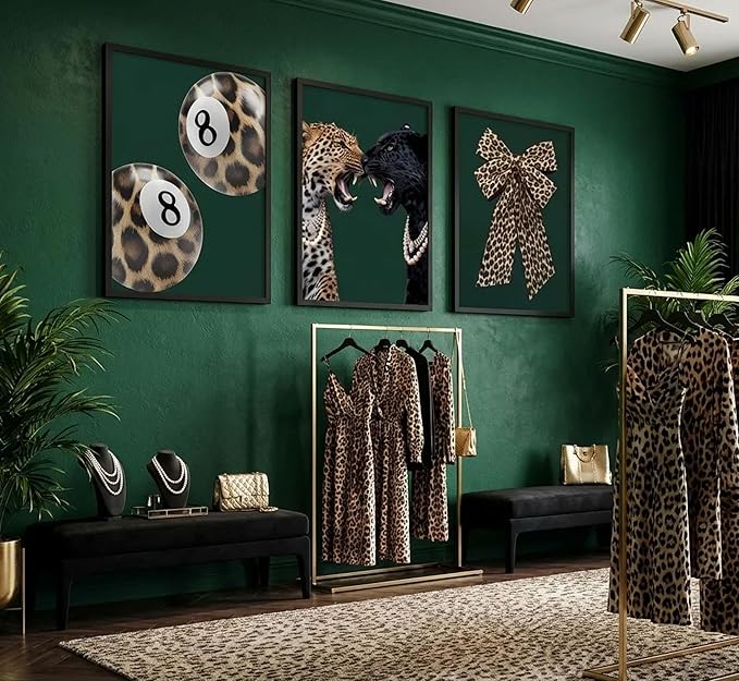 3Pcs Trendy Leopard Canvas Wall Art Funky Lucky 8 Ball Posters Prints Paintings Cheetah Bows Preppy Aesthetic Pictures Wall Decor for Bedroom Dorm Living Bathroom Decoration Unframed