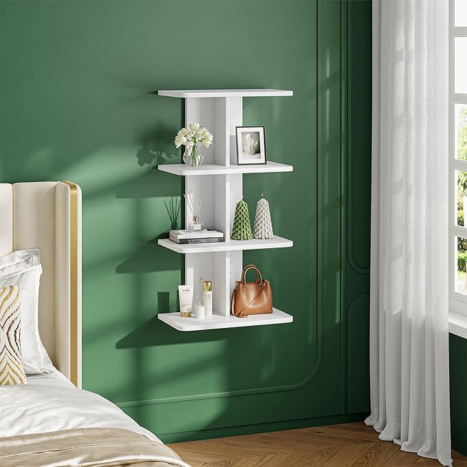 REIBII 4 Tier Wall Shelves, Vertical Column White Floating Shelves for Room Decor, Wall Mounted Shelves for Vanity, Bedroom, Living Room, Office