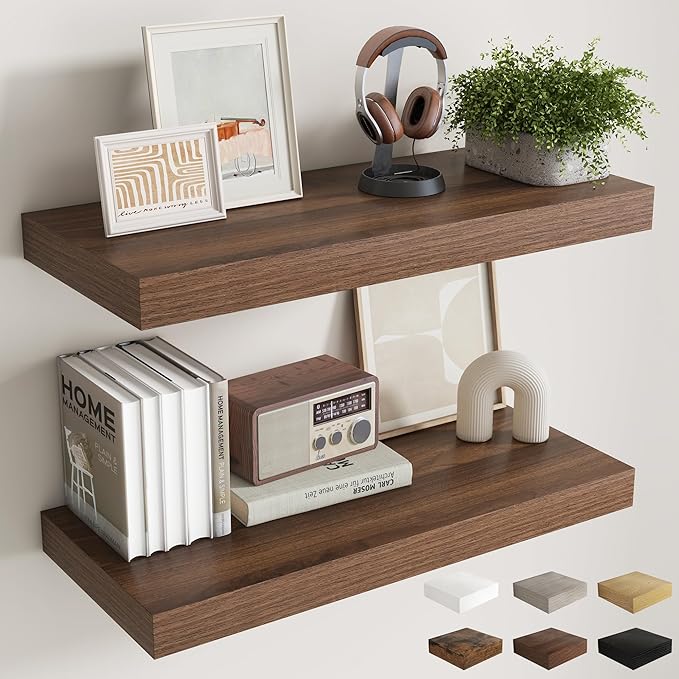 32 Inch Walnut Floating Shelves for Wall, 12 Inch Deep Shelves for Bathroom|Kitchen|Bedroom, Wall Mounted Rustic Wood Floating Shelf with Invisible Brackets for Books|Storage|Decor, 2 Pack