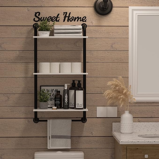 Tinpin Wall Shelves 3-Tier, Bathroom Shelves Over Toilet, Rustic Industrial Pipe Shelf, Farmhouse Bathroom Decor, Floating Shelf Wall Decor for Bedroom, Living Room 17.3 inch, White