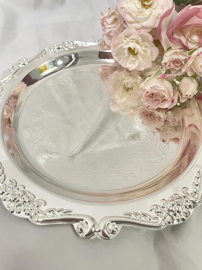 Round Tray Decorative Perfume and Makeup Organizer, Vintage Sliver Trays 7.87”, Stainless Steel Metal Tray for Dresser, Bathroom or Jewelry Display Home Decor