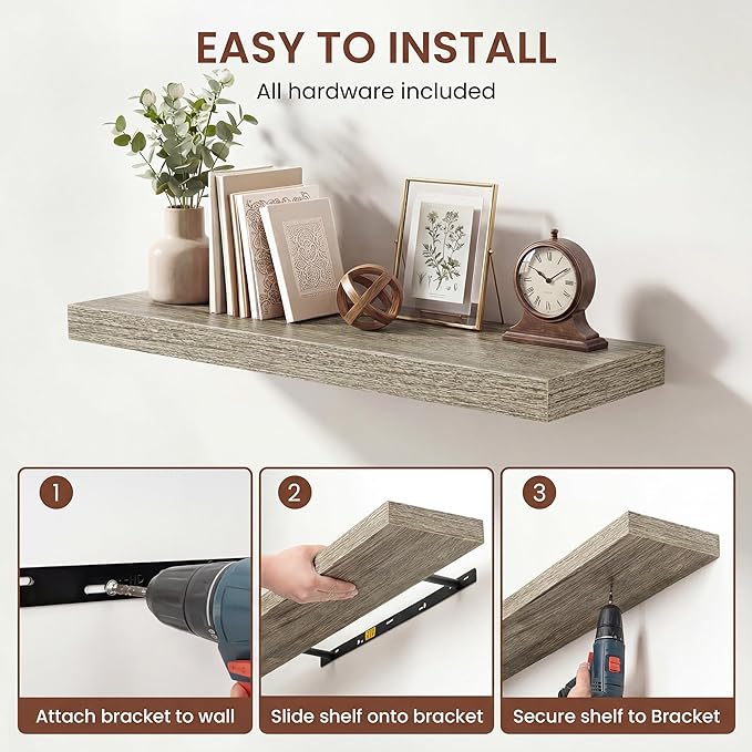 Dreamland 16 Inches Floating Shelves for Wall, 9.3" Deep Long Floating Shelves Set of 2, Large Display & Storage Shelf, Wall Shelf for Bathroom Bedroom Living Room Kitchen Office, Grey