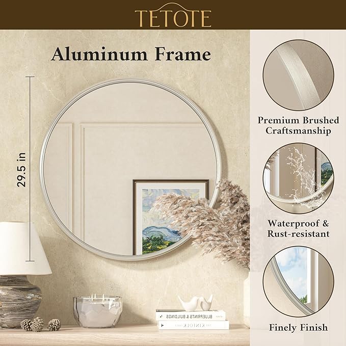 TETOTE Brushed Nickel Mirror 30 inch Round Mirror for Wall, Bathroom, Living Room, Bedroom, Vanity, Entrance