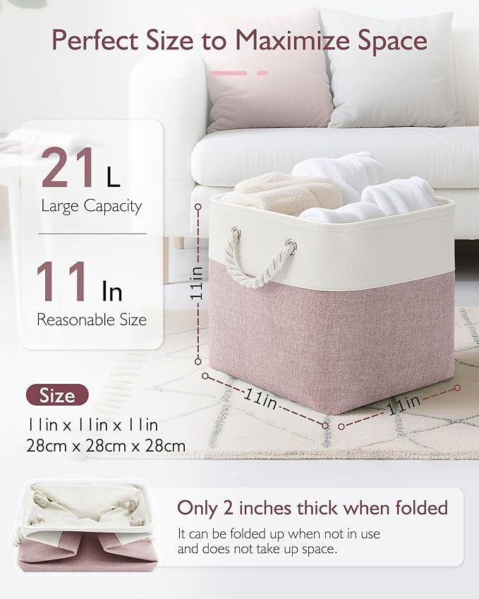 Patvingot 11 Inch Cube Storage Bins, 4 Pack Fabric Storage Cubes with Rope Handles, Organizer Baskets for Closet Shelves, Clothes and Home Organization(White/Pink)