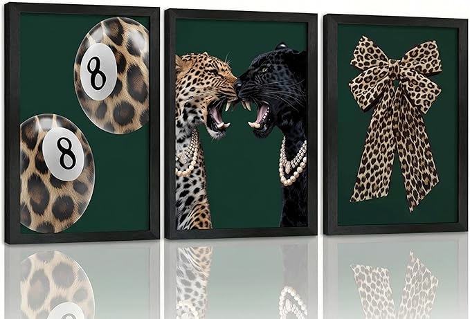 3Pcs Framed Trendy Leopard Canvas Wall Art Funky Lucky 8 Ball Pictures Wall Decor Cheetah Bows Preppy Aesthetic Posters Prints Paintings for Bedroom Dorm Living Bathroom Home Decoration
