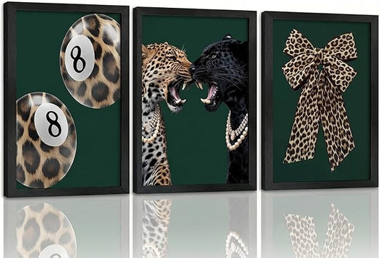 3Pcs Framed Trendy Leopard Canvas Wall Art Funky Lucky 8 Ball Pictures Wall Decor Cheetah Bows Preppy Aesthetic Posters Prints Paintings for Bedroom Dorm Living Bathroom Home Decoration