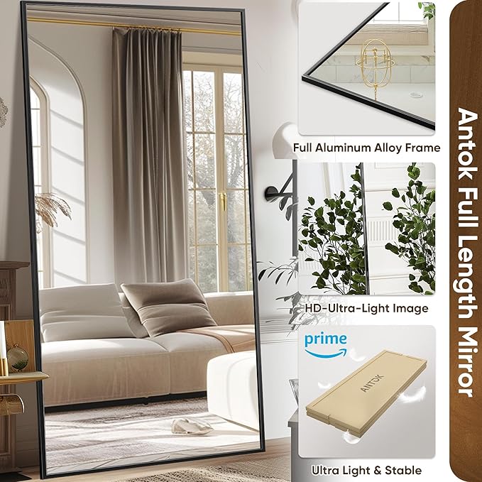 Antok Full Length Mirror, 44"x88" Floor Mirror with Stand, Hanging Mounted Mirrors for Bedroom, Living Room, Cloakroom, Dining Room, Black, Rect