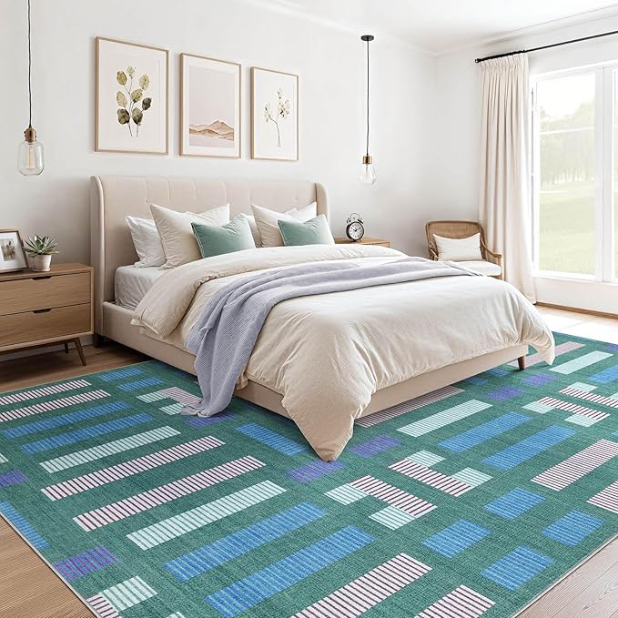 cotiled 9x12 Area Rug Living Room: Washable Boho Rugs with Non Slip Backing Large Soft Indoor Stain Resistant Carpet for Bedroom Farmhouse Dining Room Lightweight Home Decor Green