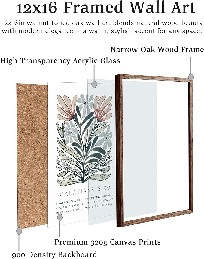 EcoHest Bible Verse Floral Framed Wall Art, 12x16 in Walnut Color OAK Wood Boho Abstract Flowers Canvas Wall Art, Galatians 2:20 Home Decor, Beige Logs Boho Christian Set of 1 for Bedroom Living Room