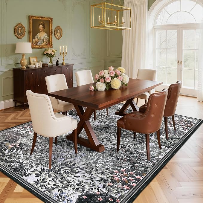GarveeHome Forest Rugs 6x9, Blue Grey Washable Area Rugs for Living Room 6x9, Botanical Low Pile Non Slip Stain Resistance Woodland Rug for Farmhouse, Bedroom, Dining Room