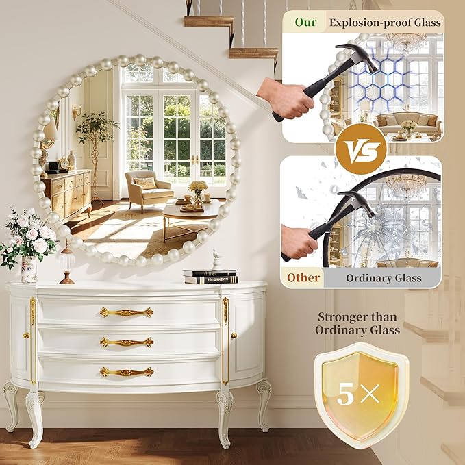Round Vanity Wall Mirror, 36 Inch Beaded Frame Circle Mirror for Bathroom, Bedroom Dresser, Entryway, Living Room, Decorative Hanging Wall Mirror, Silver