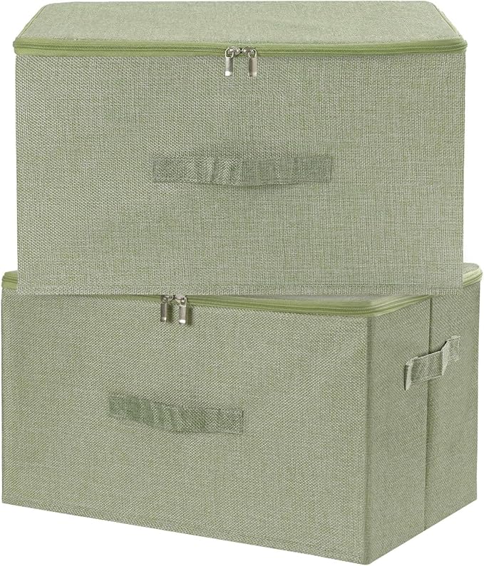 ANMINY 2PCS Storage Bins with Zipper Lids 36 Qt Lidded Fabric Storage Boxes Baskets Cubes with Handles Collapsible Washable Cotton Linen Closet Shelf Clothes Organizer Containers - Green, Large