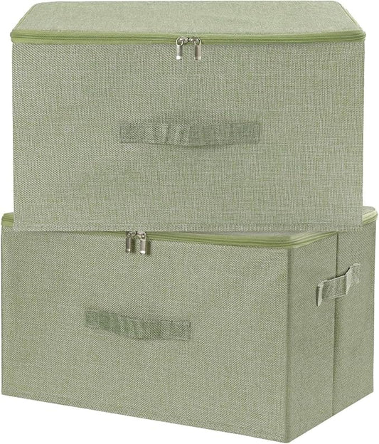 ANMINY 2PCS Storage Bins with Zipper Lids 36 Qt Lidded Fabric Storage Boxes Baskets Cubes with Handles Collapsible Washable Cotton Linen Closet Shelf Clothes Organizer Containers - Green, Large