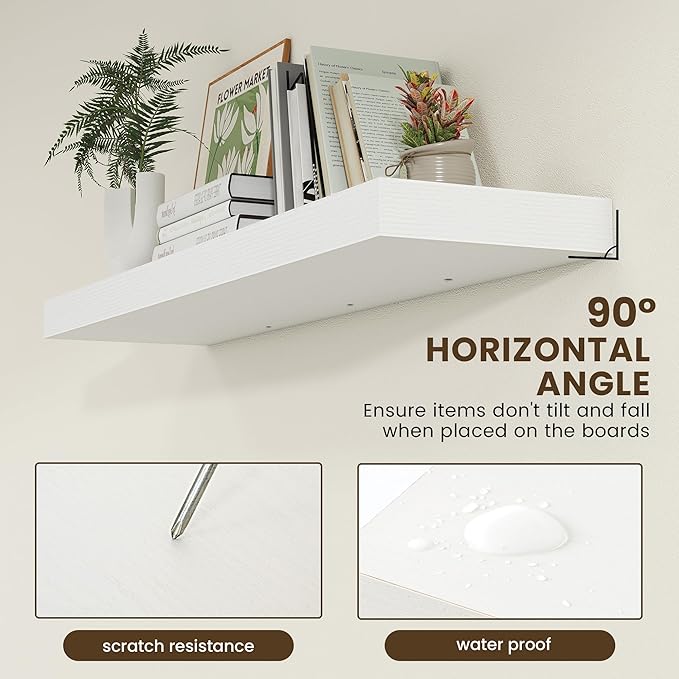 FLYJOE 48 Inch White Floating Shelf | 12 Inch Deep Floating Shelves Set of 1 | 48" D x 12" D Rustic Wood Shelves for Wall | Deep White Shelves for Living Room Bathroom Laundry Room Kitchen