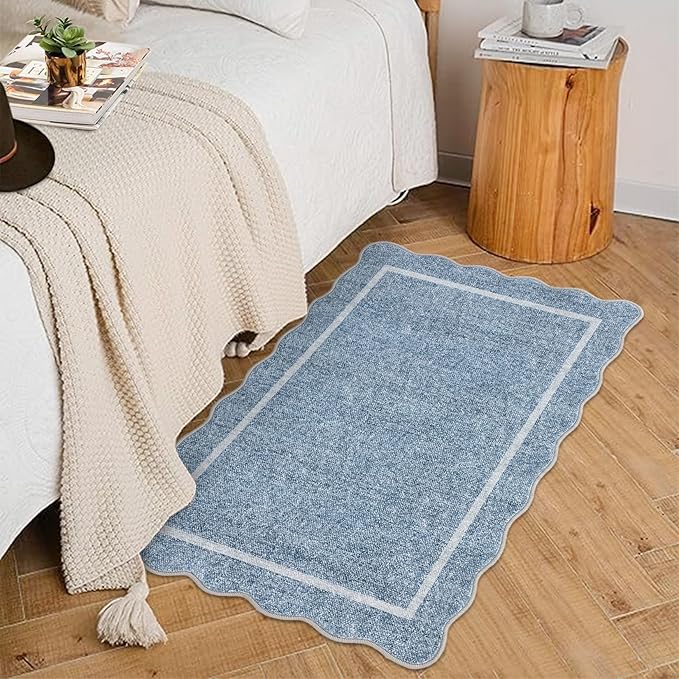 GarveeHome Scalloped Door Mat Indoor Entrance 2x3 Rug Machine Washable Boho Solid Small Area Rug Non-Slip Low Pile Throw Rugs for Entryway Kitchen Front Door Indoor Entrance Entry Kids Room, Blue