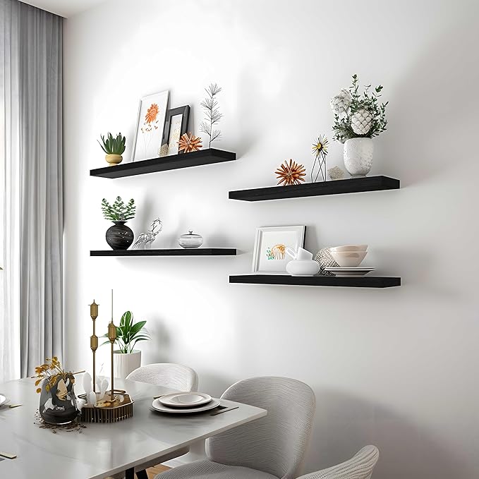 GXYAWPJ 24 Inch Floating Shelves for Wall Rustic Black Wood Wall Shelves for Bedroom Set of 4