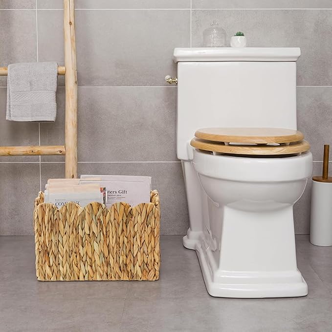 Water Hyacinth Magazine Holder for Floor, Wicker Magazine Basket, Tall Narrow Magazine Rack & File Holder for Books, Mail & Newspapers, Scalloped Storage Basket for Living Room, Office, Bedroom