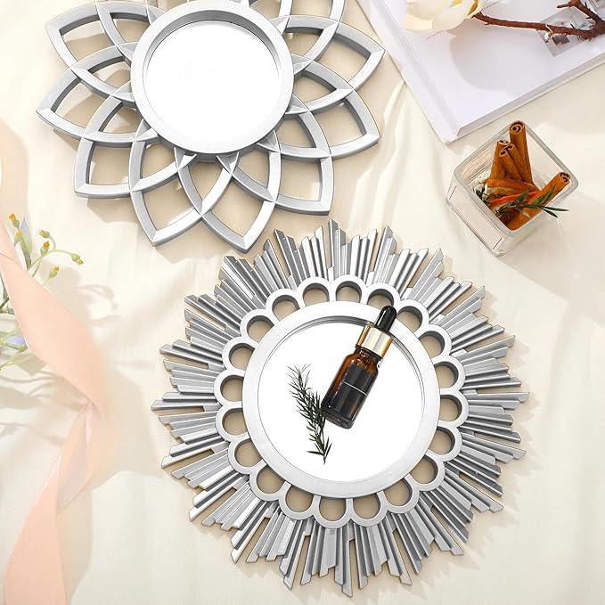 Dandat Set of 4 Gold Mirrors for Wall Decor Small Circle Flowers Mirrors Decorative Silvery Hanging Wall Art Flowers Mirror for Home Living Dinning Room Bedroom Bathroom Boho Art Gifts (Silvery)