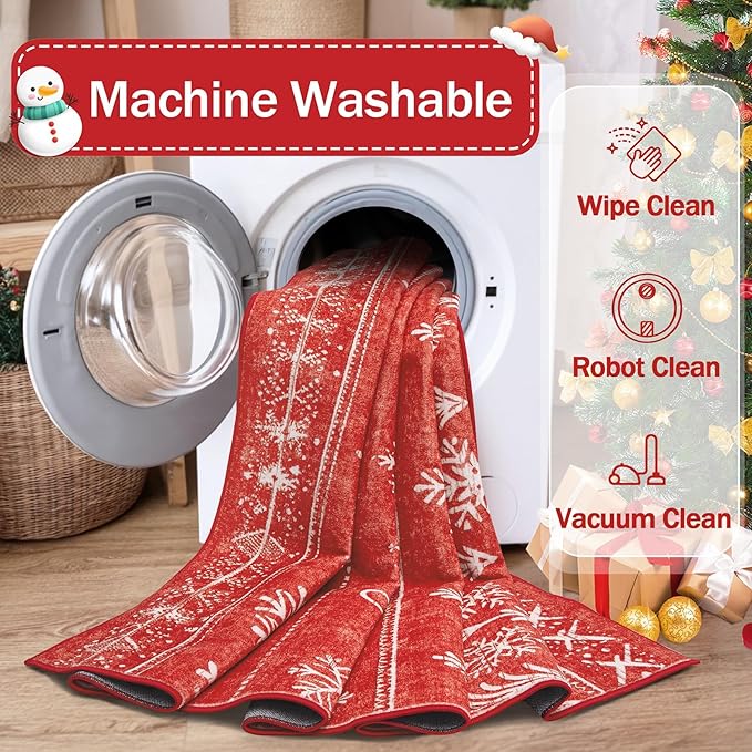 XLUEZ Christmas Area Rug 8x10 Living Room Rugs, Machine Washable Boho Christmas Tree Snowflake Rug Non-Slip Soft Low Pile Holiday Indoor Rugs for Bedroom Kitchen Dining Room Office(Xmas Red, 8'x10')