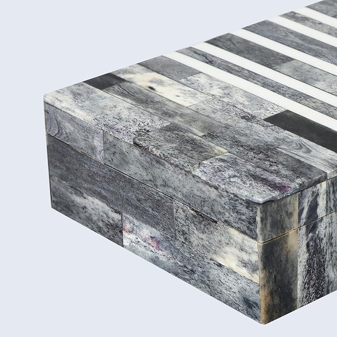 Handicrafts Home Small Decorative Storage Box with Lid, Patisserie Cafe Stripe Pattern Jewelry Keepsake Trinket Box Organizer, Bone Inlay Resin Wooden Coffee Table Dresser Box, Grey & White, 8x5x2