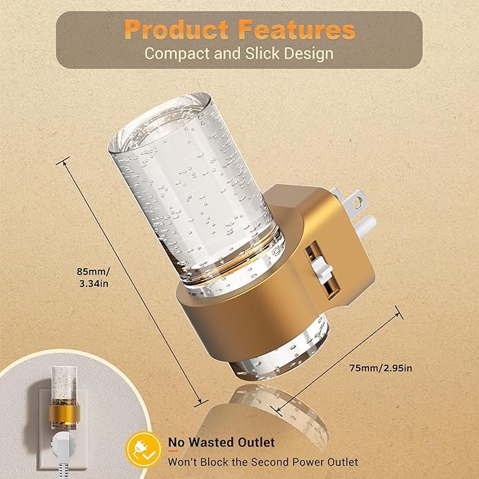 JandCase Night Lights Plug into Wall, Gold Night Light with 3 Colors, 2 Pack Dimmable Plug in Nightlight, Dusk to Dawn Sensor, Adjustable Brightness, 3000K/5000K/Amber for Bathroom Hallway Home Decor