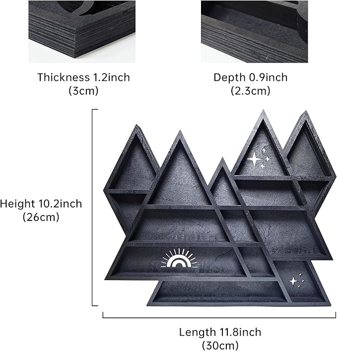Mountain Crystal Shelf Display for Wall, Wooden Triangle Rock Gem Stone Storage Holder, Meditation Room Decor Spiritual Gift, Wall Hanging Organizer for Trinkets, Knick Knacks, Art Collections