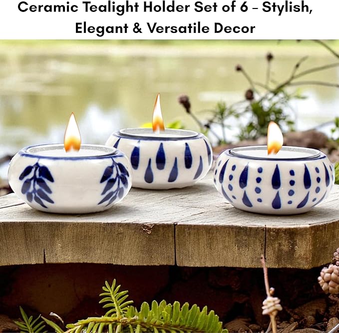 Ceramic Tealight Holder Set of 6 - Hand-Painted Candle Holders with Wax Tealights - Decorative Votive for Home, Party, Wedding, Festive & Gift Décor (White Blue) - ALPHA Living HOME
