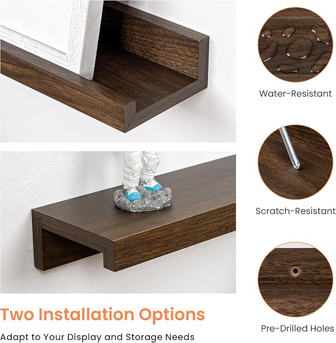 RICHFOCUS Picture Ledge Shelf, 40 inch Floating Shelves Set of 2, Wood Wall Shelves with Lip, Wall Decor Storage for Bedroom Living Room Bathroom Kitchen Nursery Photo Picture, Walnut