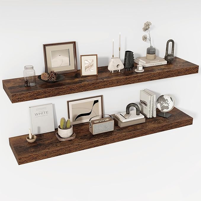 Acovy 55 Inch Floating Shelves, 12" Deep Floating Shelf Wall Mounted, 55" Wall Shelves, Rustic Deep Bookshelf, Extra Deeper & Thicker Display Shelves for Bedroom, Living Room, Brown, Set of 2