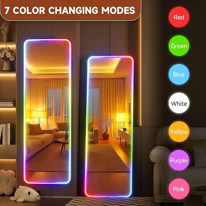 Hasipu 43"x16" LED RGB Bluetooth Door Mirror Full Length, Full Body Full Length Over The Door Mirror with Lights, Door Hanging & Wall Mounted Mirror for Bedroom, Living Room, Cloakroom