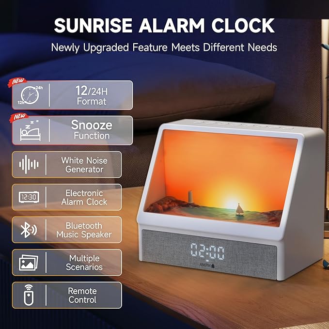 Upgraded Sunrise Alarm Clock, White Noise Machine with 12 Soothing Sounds, Wake-Up Light with Snooze Function, 12/24H Dual Time Display, Power Adapter Included, for Youth, Mother's Day