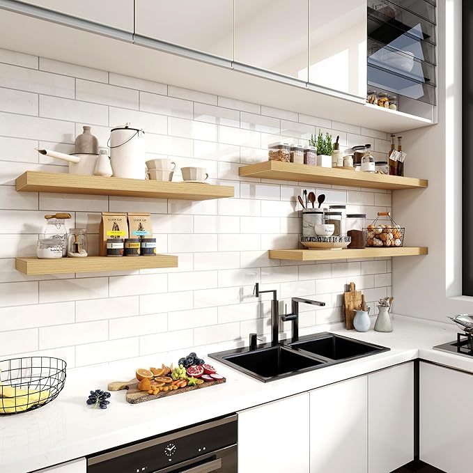 Acovy 24 Inch Floating Shelves, 12 Inch Deep Floating Shelves for Wall, Floating Shelf with Invisible Brackets, Deep Shelves for Bathroom, Bedroom, Living Room, 2 Pack, Natural