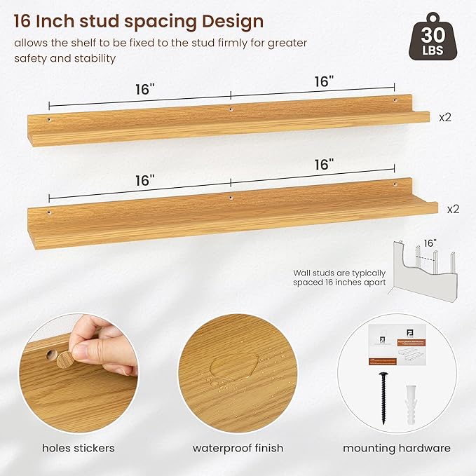 Axeman Picture Ledge Shelf | 36 Inch Oak Floating Shelves Set of 4 | Rustic Wood Wall Shelves with Lip | 36" Oak Picture Shelves for Wall with Ledge | Photo Shelves