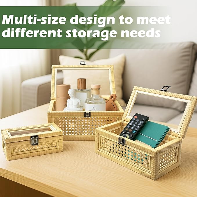 Rattan Decorative Boxes with Lid 3 Packs, Woven Cane Storage Box Rectangular Set of 3, Rattan Box with Acrylic Lid for Home Decor
