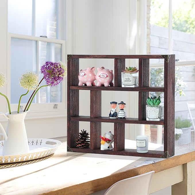 17.7x15.7-Inch Shadow Box Shelf 9-Slot Rustic Floating Shelves Larger Wall Mounted Shelf Lightweight Solid Wood Display Shelf Freestanding Farmhouse(9C-Rustic Walnut)