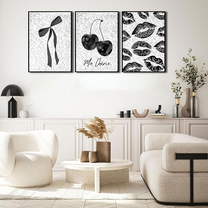 3Pcs Fashion Black White Lips And Cherry Canvas Wall Art Vintage Girl Funky Aesthetic Bow Wall Decor Ma Cherie Dark Coquette Posters Prints for Neutral Preppy Apartment Girl Room16x24in Unframed (poster, 16x24inx3pcs)