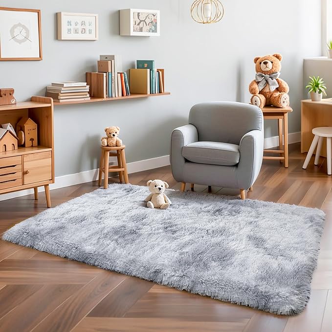 KICHOWUA Thick Area Rug Light Grey Fluffy Shag 3x5 for Bedroom, Soft Plush Fuzzy Shaggy Carpet, Thickened Washable Non Slip Cozy Furry Rugs for Living Room, Kids Baby Nursery Dorm, Tie-Dye Gray