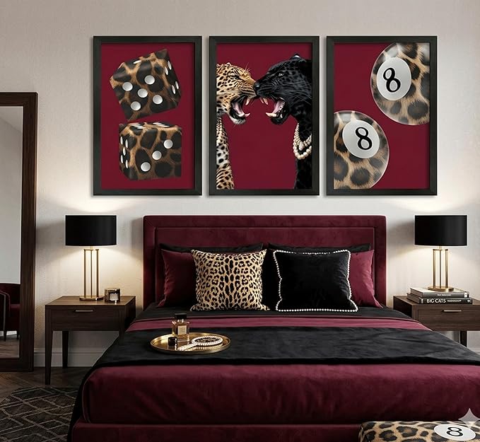 3Pcs Framed Trendy Leopard Canvas Wall Art Funky Lucky 8 Ball Pictures Wall Decor Eclectic Cheetah Preppy Aesthetic Posters Prints Paintings for Bedroom Dorm Living Bathroom Home Decoration